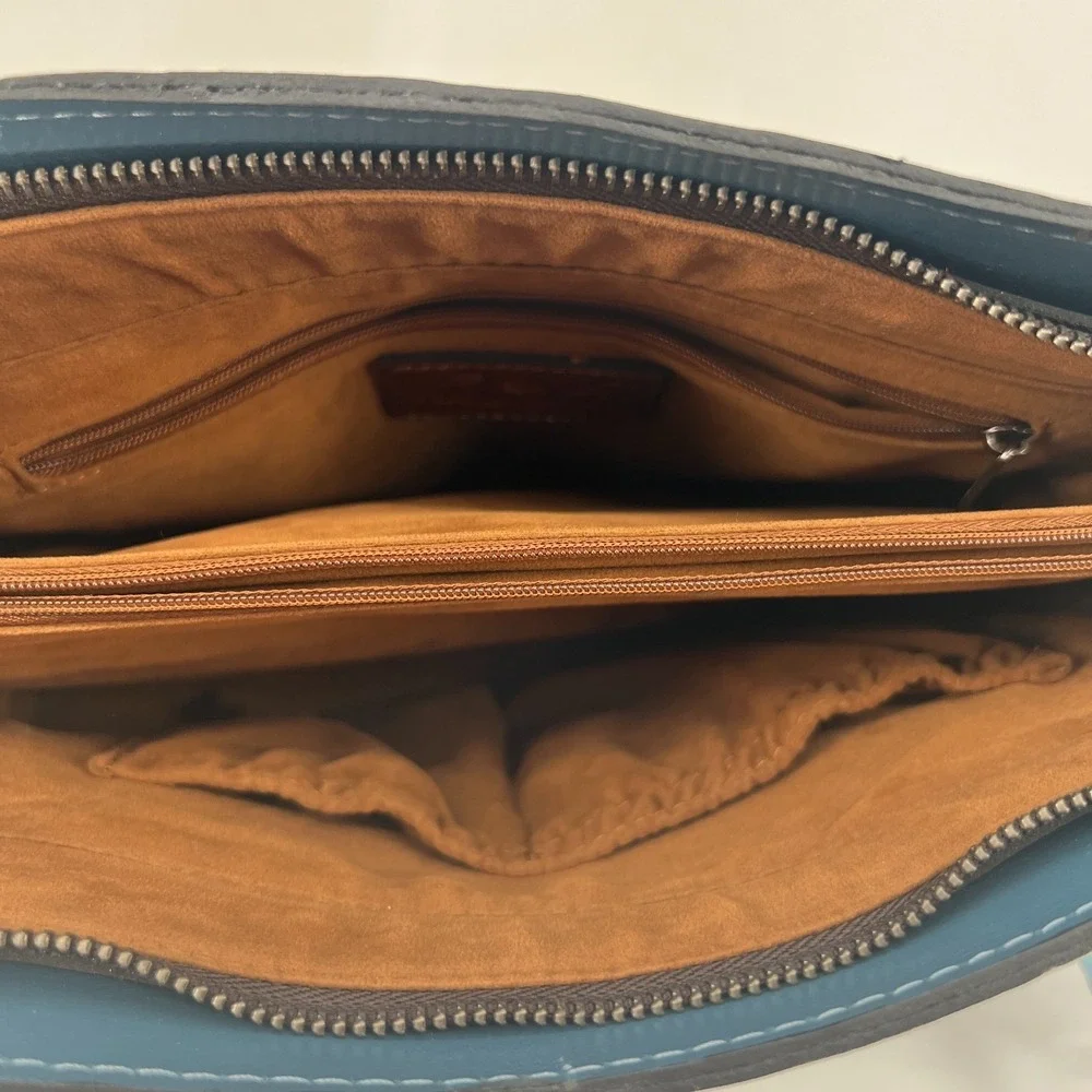 Patricia Nash Calvi Satchel Crossbody‎ Bag Leather Safflower Blue Boho Western